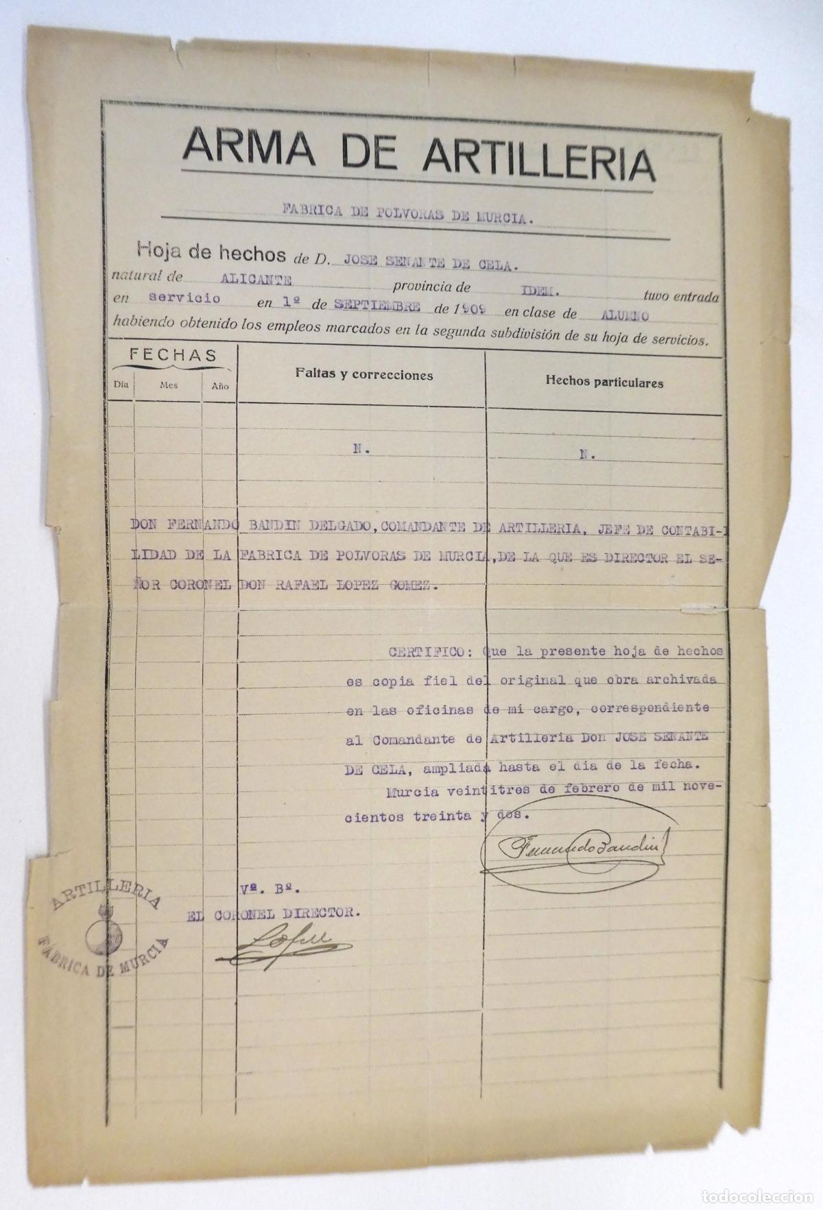 Militaria: Documento del Arma de Artilleria ,F&aacute;brica de Polvoras de Murcia 1909 Hoja de Hechos