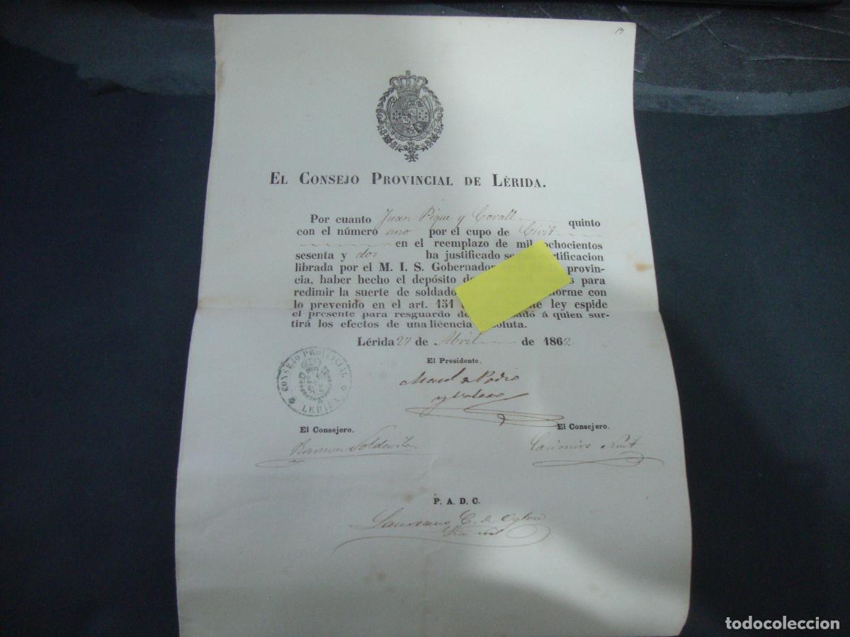 Militaria: CONSEJO PROVINCIAL DE LERIDA REDIMIR LA SUERTE DEL SOLDADO DEPOSITO OCHO MIL REALES LERIDA 1862