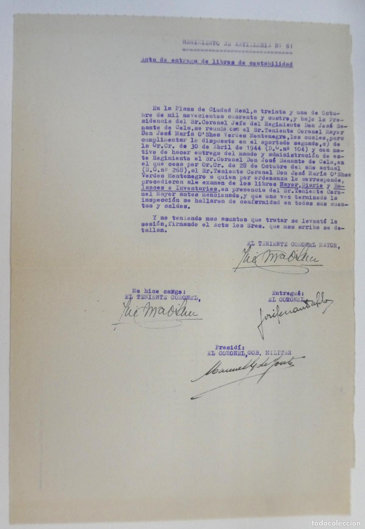 Militaria: Documento Regimiento de Artilleria n&ordm; 61 ,Acta de entrega de Libros de Contabilidad 1944