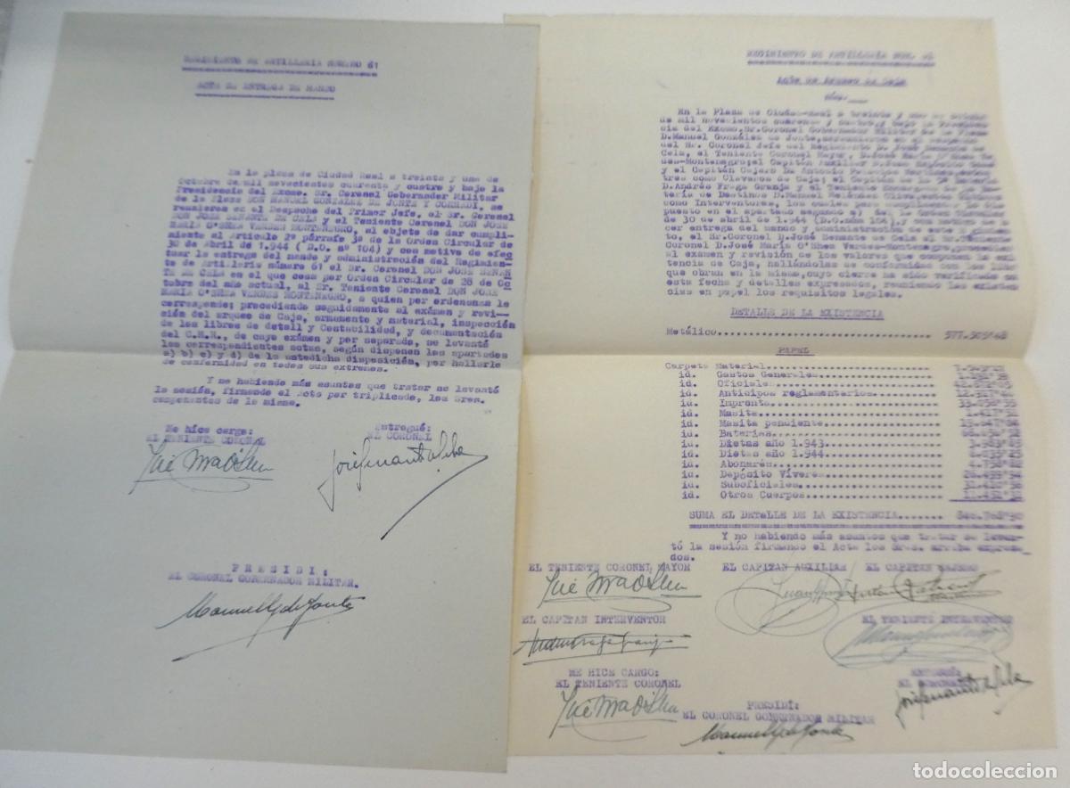 Militaria: Documento Regimiento de Artilleria n&ordm; 61 ,Acta de entrega de Mando y Arqueo de Caja 1944