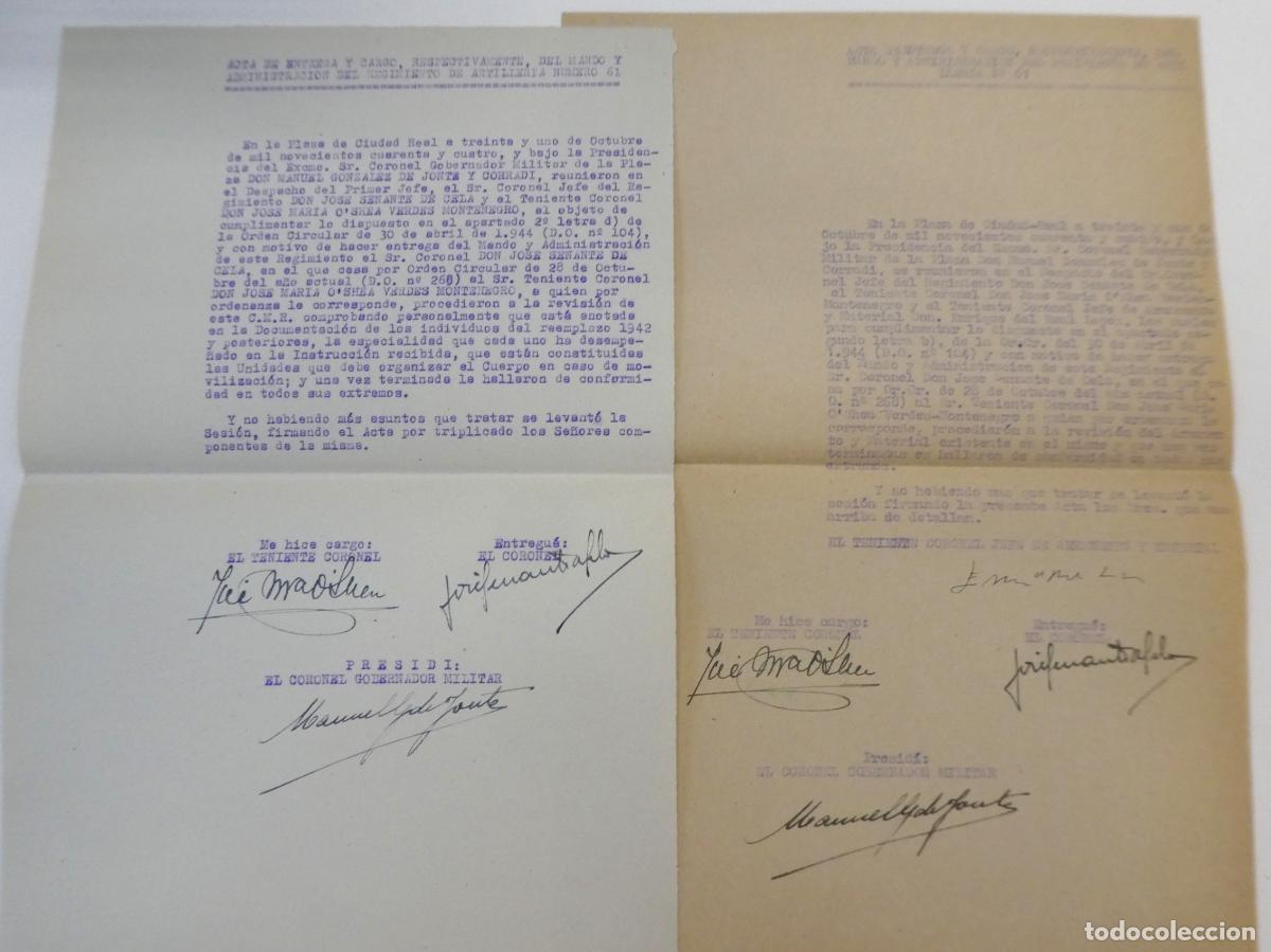 Militaria: Documento Regimiento de Artilleria n&ordm; 61 ,Acta de entrega y Cargo 1944