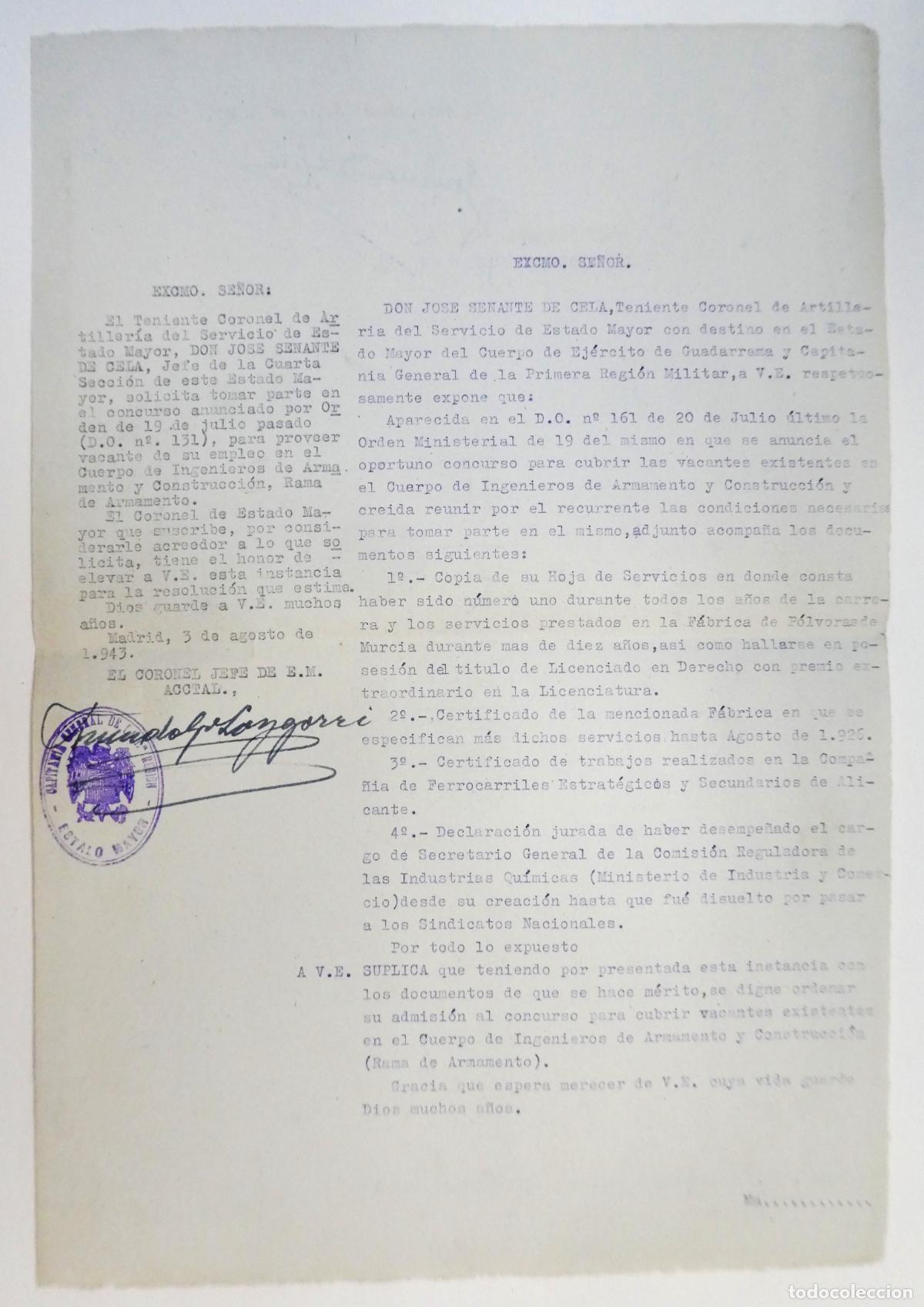 Militaria: Documento Instancia para cubrir Vacante ,3 de Agosto 1943