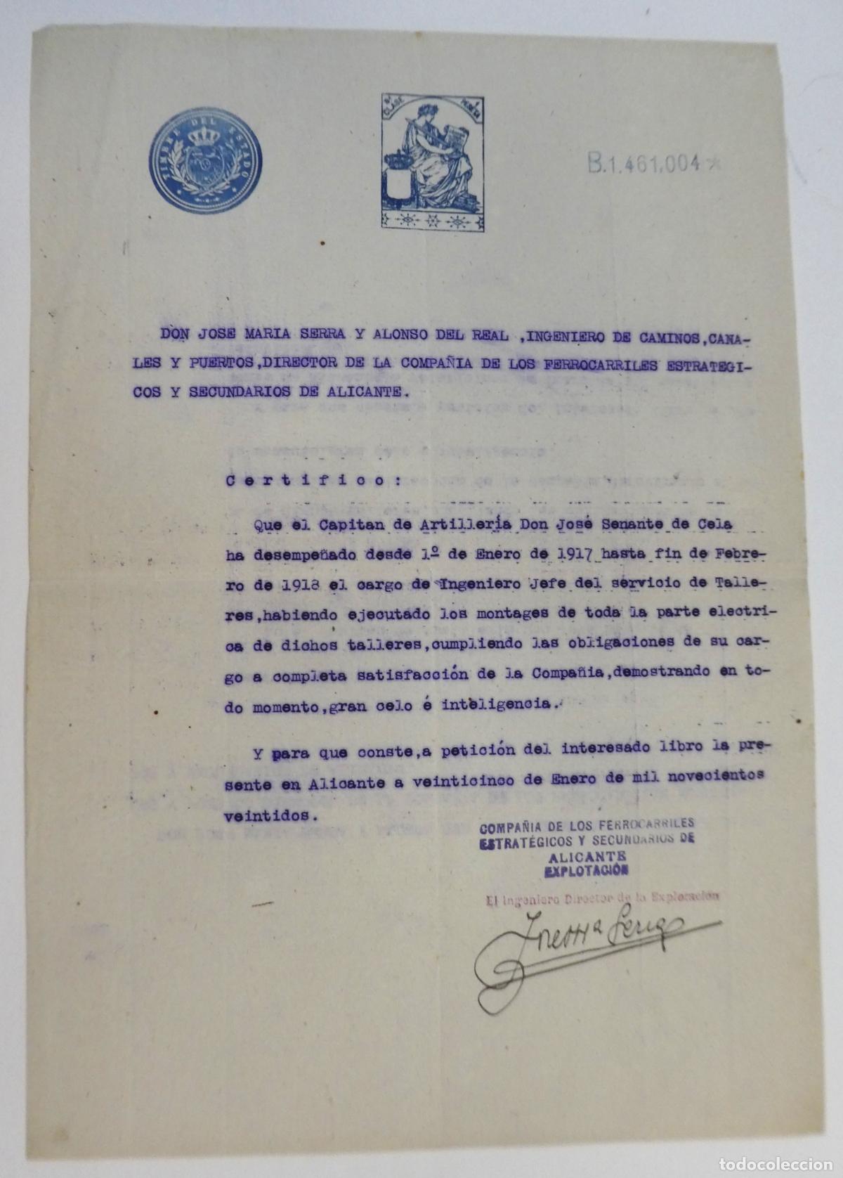 Militaria: Documento Jose Maria Serra y Alfonso del Real,Compa&ntilde;ia Ferrocarriles Estrategicos de Alicante 1922