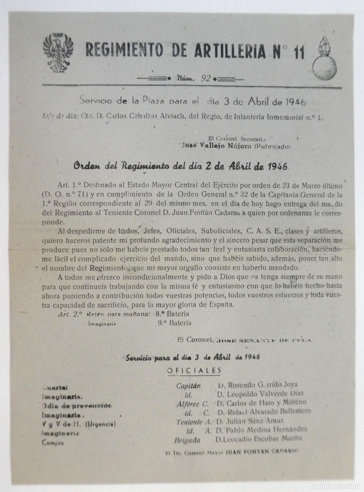 Militaria: Orden del d&iacute;a del Regimiento de Artiller&iacute;a n.&ordm; 11 Vicalvaro, fechada el 3 de abril de 1946