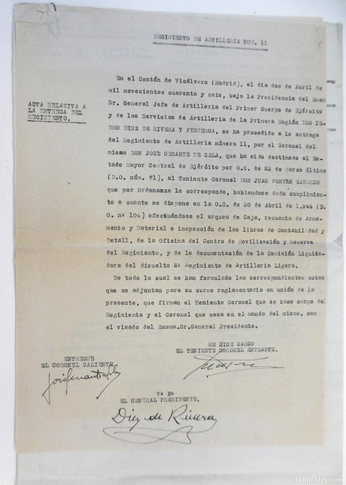 Militaria: Documento Acta Relativa a la entrega del Regimiento de Artilleria n&ordm; 11 Vicalvaro 1946, 9 hojas