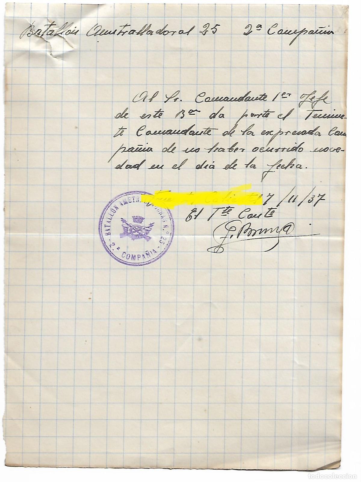 Militaria: PARTE DE NOVEDADES BATALLON AMETRALLADORAS 25 EJERCITO POPULAR DE LA REPUBLICA 17-11-1937