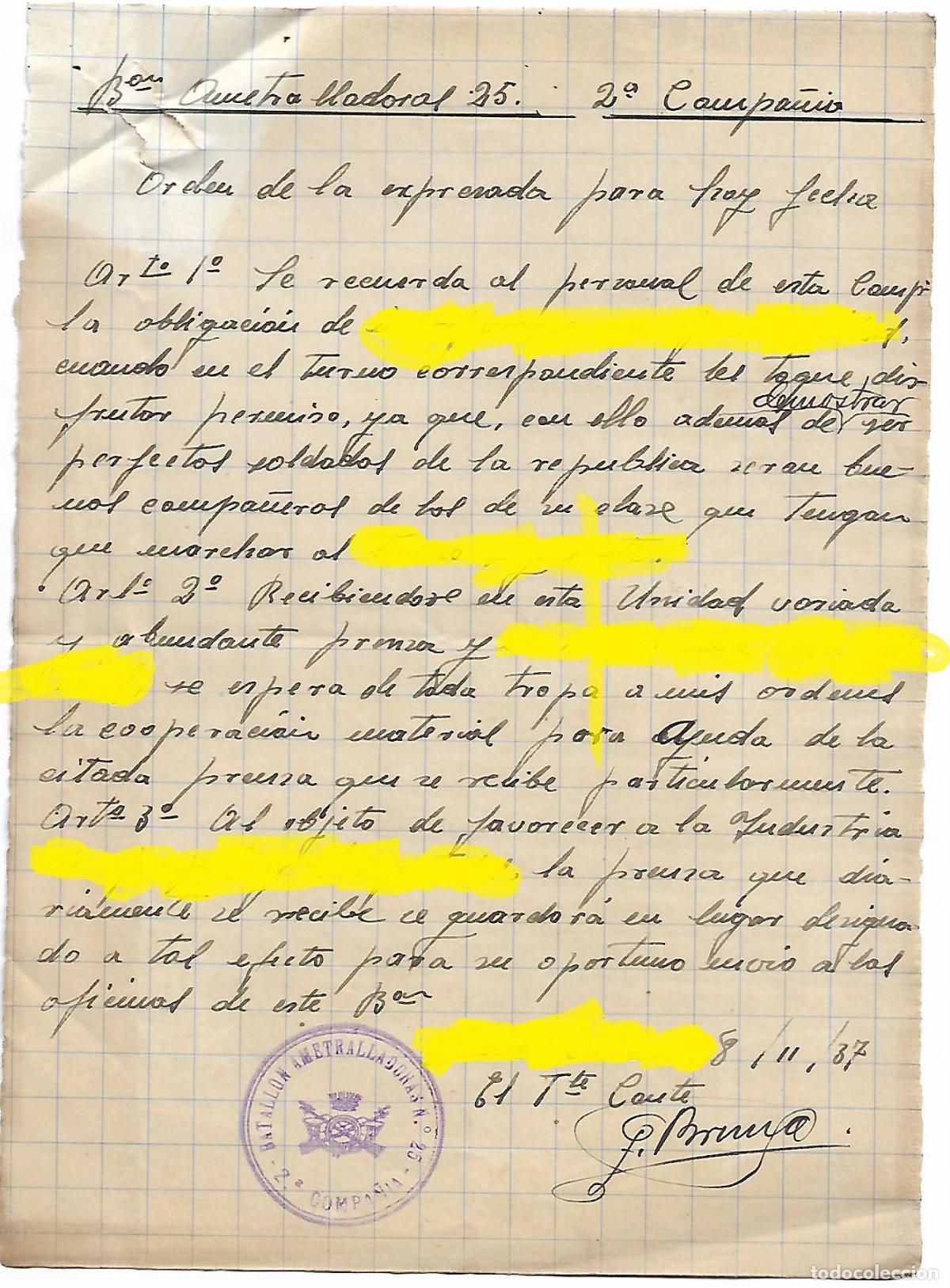 Militaria: PARTE DE ORDENES DEL BATALLON AMETRALLADORAS 25 DEL EJERCITO POPULAR DE LA REPUBLICA 18-11-1937