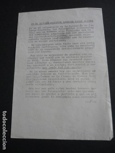 Militaria: FALANGE ESPA&Ntilde;OLA INDEPENDIENTE 1977 CUARTILLA A DOBLE CARA 29 OCTUBRE ANIVERSARIO FUNDACION FALANGE