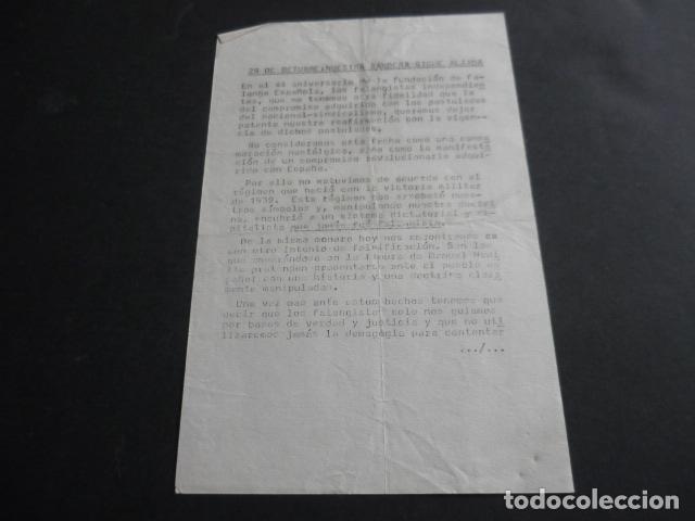 Militaria: FALANGE ESPA&Ntilde;OLA INDEPENDIENTE 1977 CUARTILLA A DOBLE CARA 29 OCTUBRE ANIVERSARIO FUNDACION FALANGE