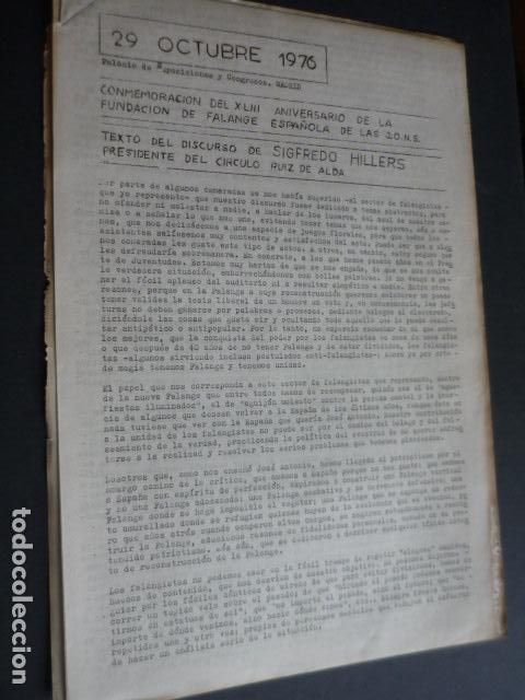 Militaria: FALANGE ESPA&Ntilde;OLA INDEPENDIENTE 1976 29 OCTUBRE DISCURSO SIGFRIDO HILLERS 4 FOLIOS A DOBLE CARA