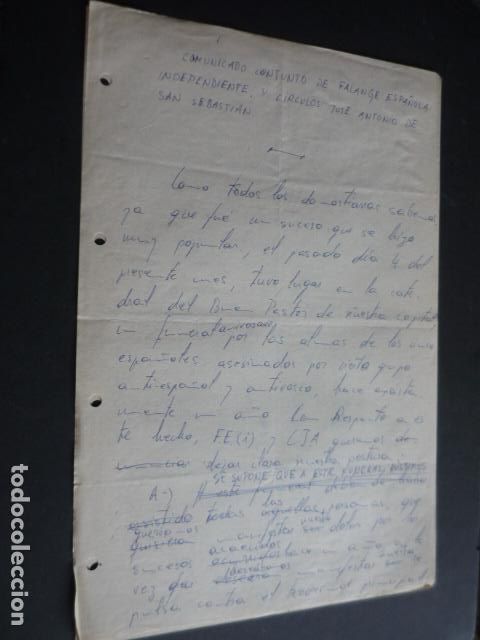 Militaria: FALANGE ESPA&Ntilde;OLA INDEPENDIENTE CIRCULO JOSE ANTONIO SAN SEBASTIAN COMUNICADO MANUSCRITO 2 FOLIOS