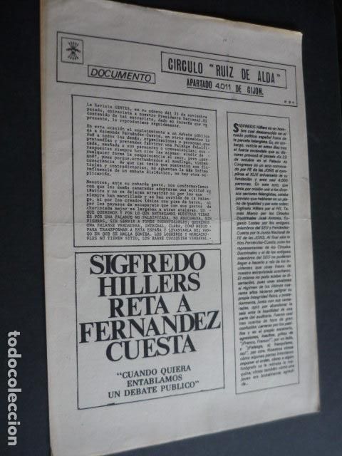 Militaria: FALANGE ESPA&Ntilde;OLA CIRCULO RUIZ DE ALDA GIJON DOCUMENTO DOS FOLIOS SIGFREDO HILLERS TRANSICION
