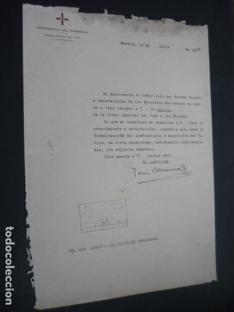Militaria: CARTA CONCESION MEDALLA ORDEN IMPERIAL DEL YUGO Y LAS FLECHAS 1950