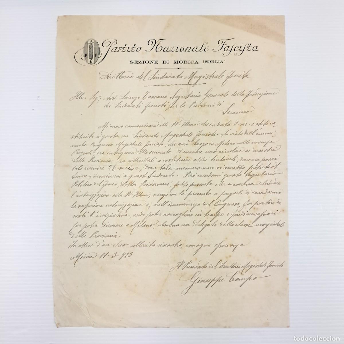 Militaria: Documento originale del 1923 su carta intestata del Partito Nazionale Fascista &ndash; Sezione di Modica.