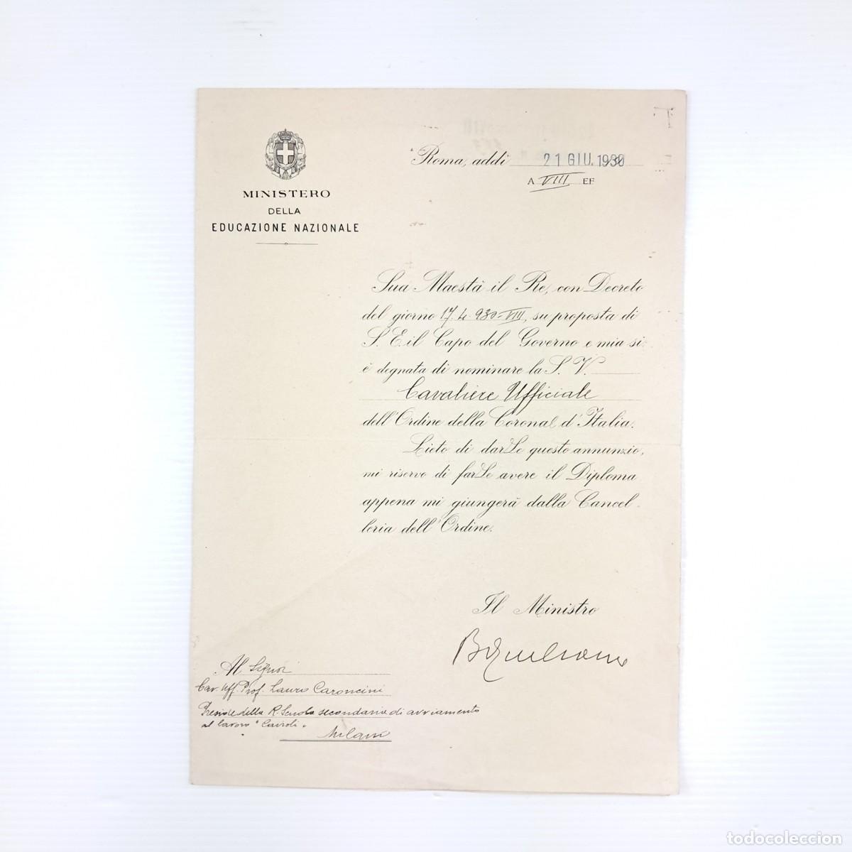 Militaria: Documento originale Regno d'Italia &ndash; Nomina Cavaliere Ufficiale &ndash; 1930