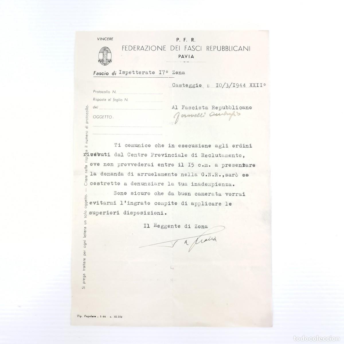 Militaria: Lettera ufficiale della P.F.R. &ndash; Federazione dei Fasci Repubblicani di Pavia