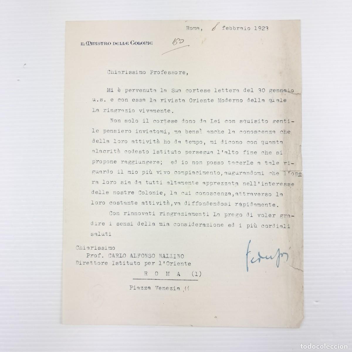 Militaria: Lettera ufficiale dattiloscritta Italia &ndash; Ministero delle Colonie, 1923. Lettera ufficiale