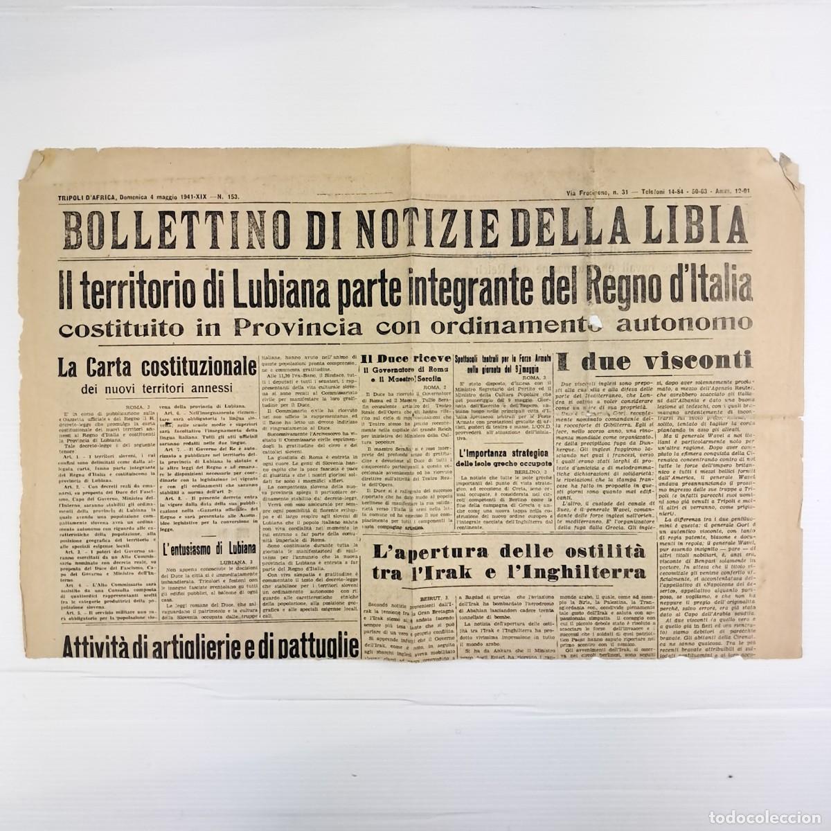 Militaria: Foglio di giornale - Bollettino notizie della Libia - Tripoli 4 maggio 1941 XIX Giornale originale