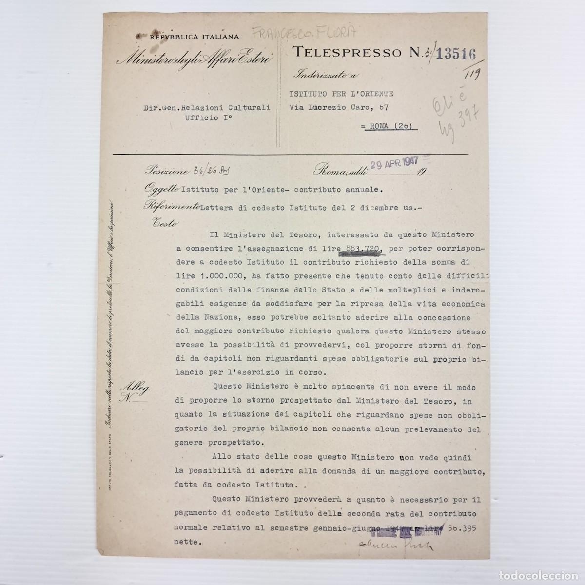Militaria: Documento originale &ndash; Telespresso del Ministero degli Affari Esteri (Italia), 29 aprile 1947