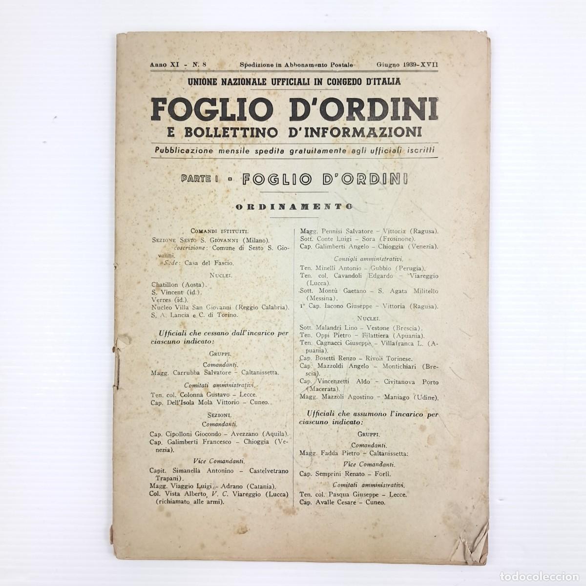 Militaria: &ldquo;Foglio d&rsquo;Ordini&rdquo; dell&rsquo;Unione Nazionale Ufficiali in Congedo d&rsquo;Italia (U.N.U.C.I.), 1939