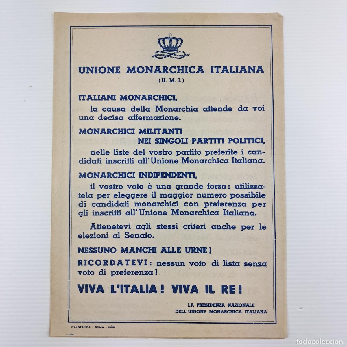 Militaria: Volantino di propaganda elettorale Unione Monarchica italiana Italstampa Roma, 1958