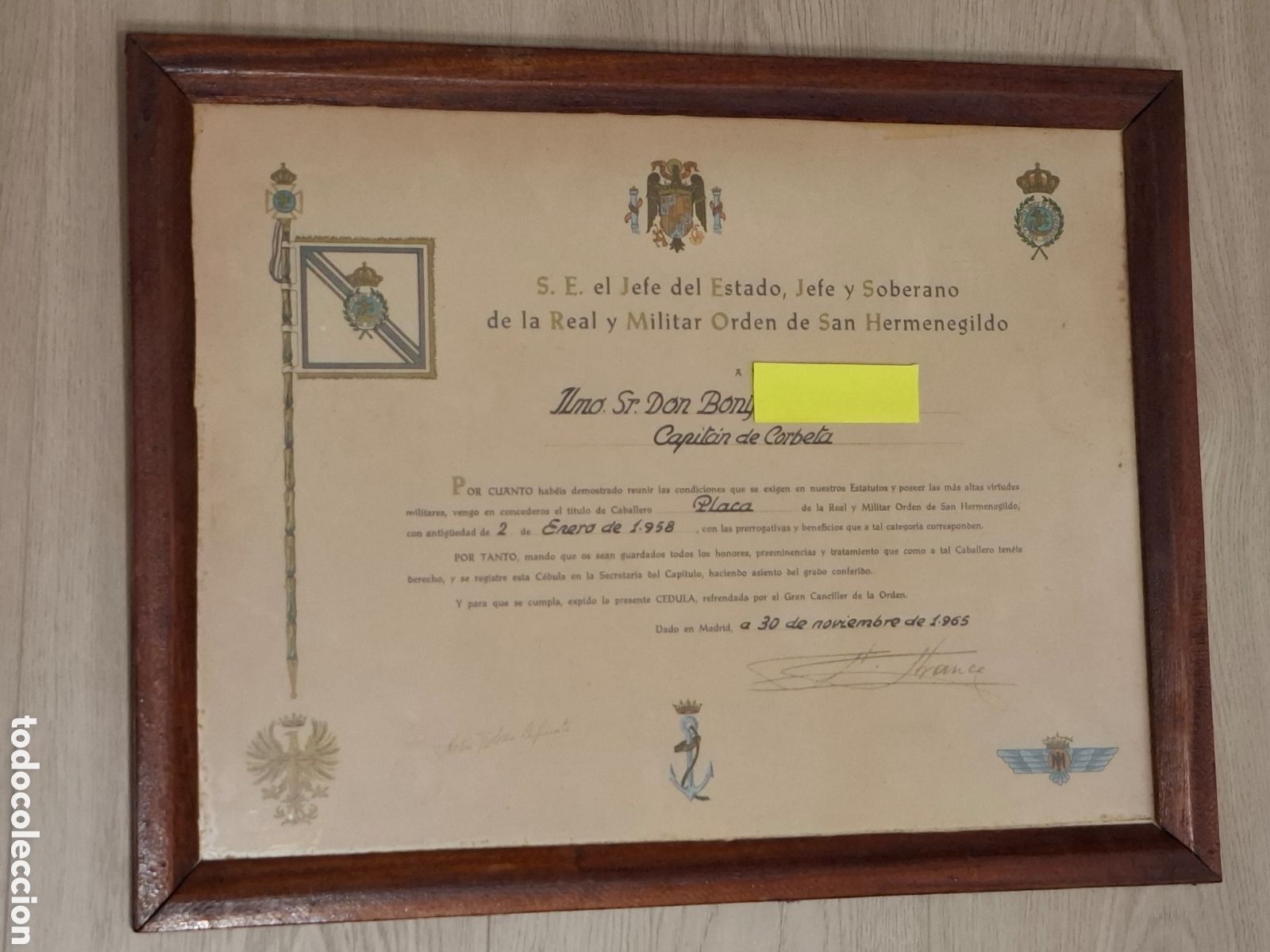 Militaria: Concesi&oacute;n de Placa orden de San Hermenegildo a capit&aacute;n de Corbeta, firma de Franco 1965