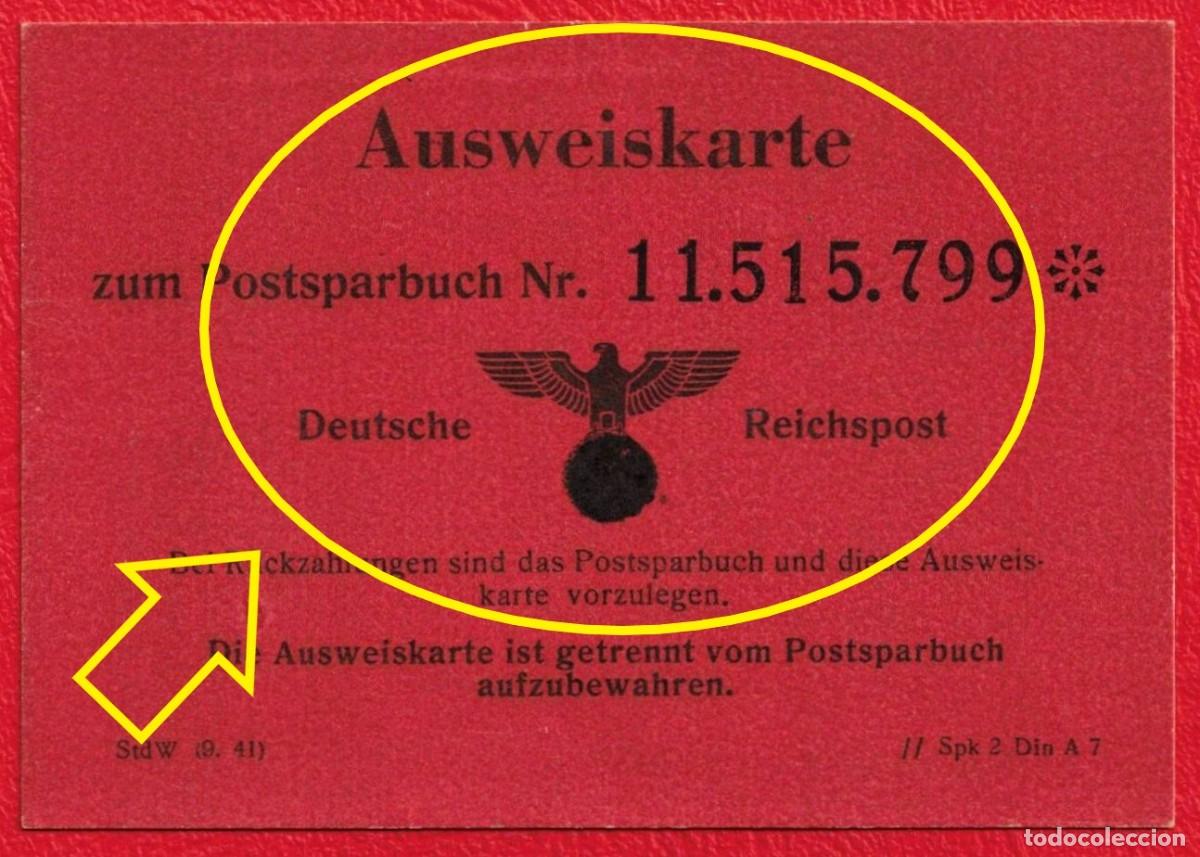 Militaria: A&ntilde;o 1941 -Deutsche Reichspost III Tercer Reich - Tarjeta de identificaci&oacute;n Ausweiskarte Postsparbuch
