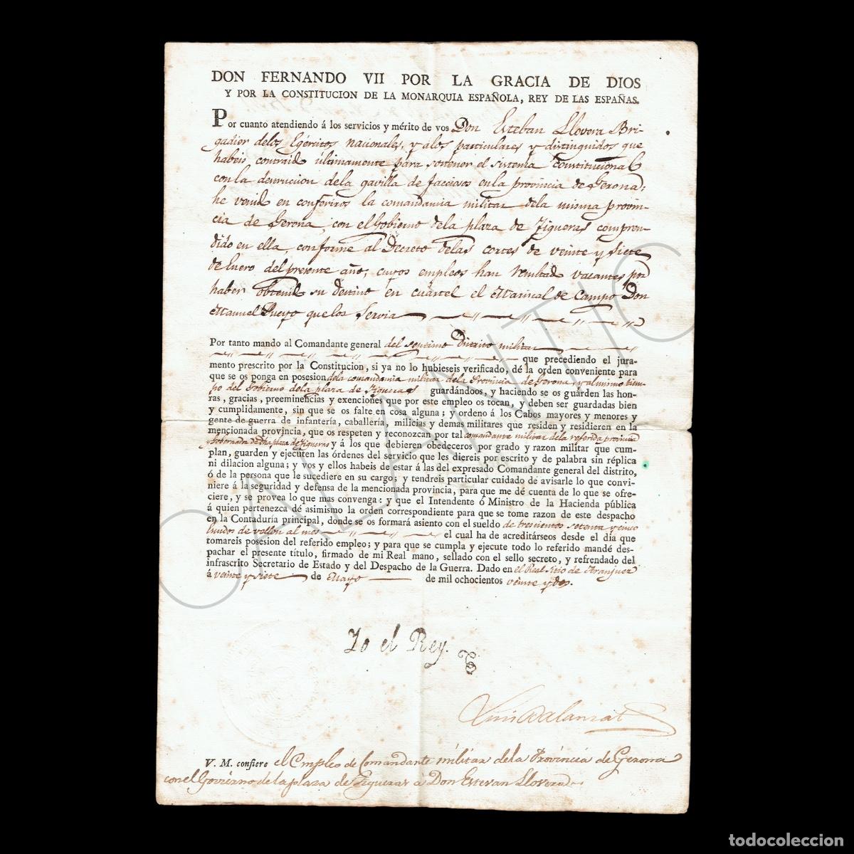 Militaria: 1822 . Real Despacho FIRMA Fernando VII - Trienio Liberal. Comandante Girona Gobernador Figueres