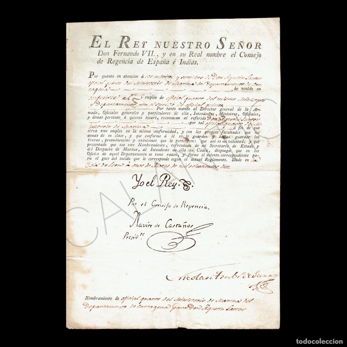 Militaria: 1810 . Nombramiento Marina Cartagena. Isla de Le&oacute;n (C&aacute;diz). Firma General CASTA&Ntilde;OS (Bail&eacute;n)