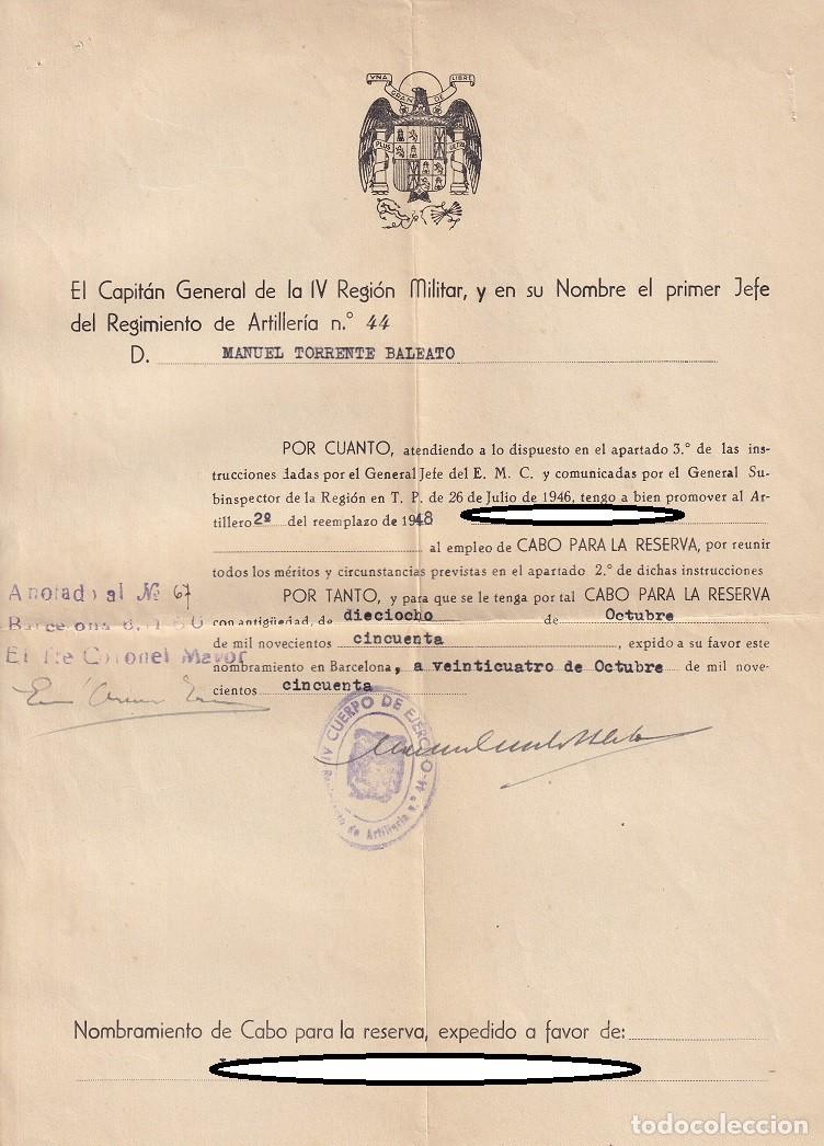 Militaria: 1950 Nombramiento de Cabo para la reserva - Primer Jefe del Regimiento de Artiller&iacute;a N&ordm; 44 en nom&hellip;