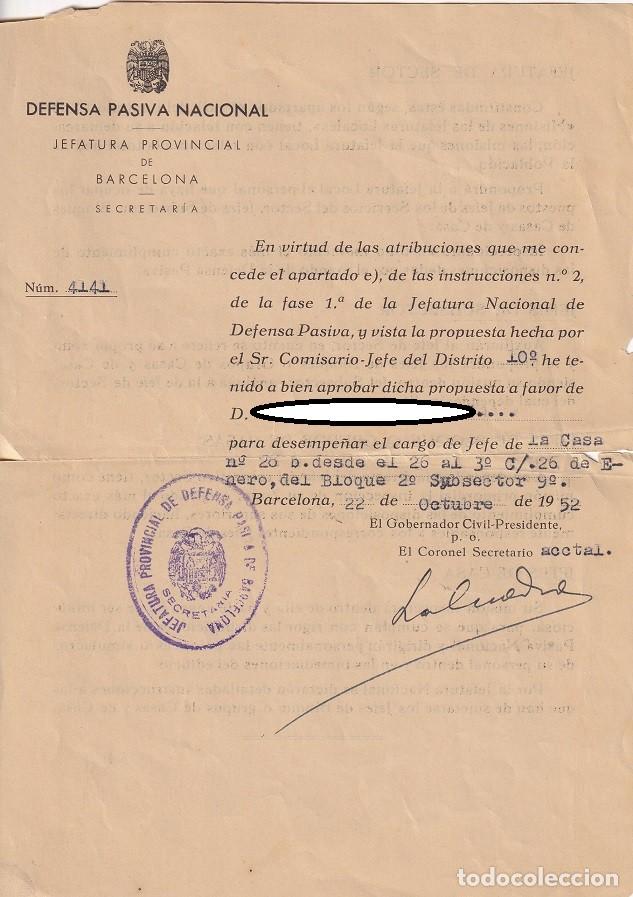 Militaria: Nombramiento de cargo de Jefe de Casa 1952 / Defensa Pasiva Nacional - Jefatura Provincial Barcelona
