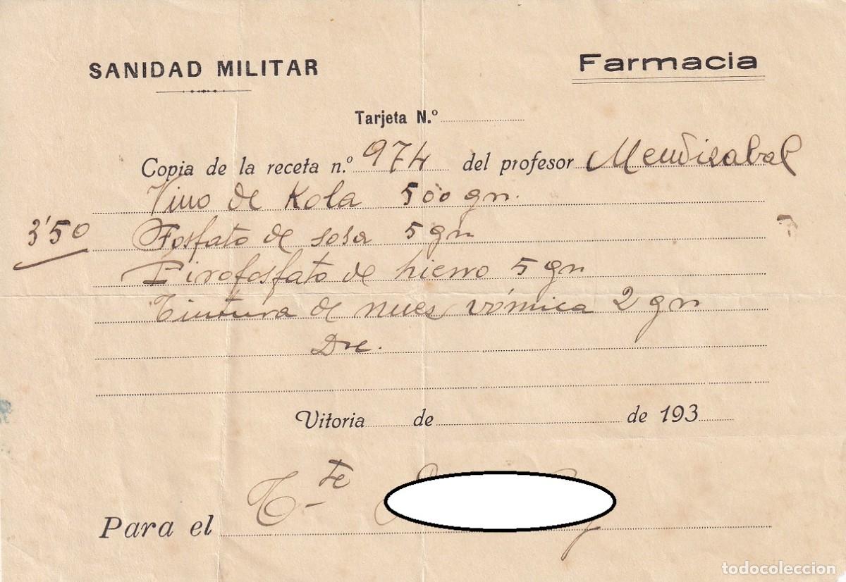 Militaria: Sanidad militar - Farmacia / Receta antigua del profesor Mendizabal para Teniente - Vitoria a&ntilde;os 30
