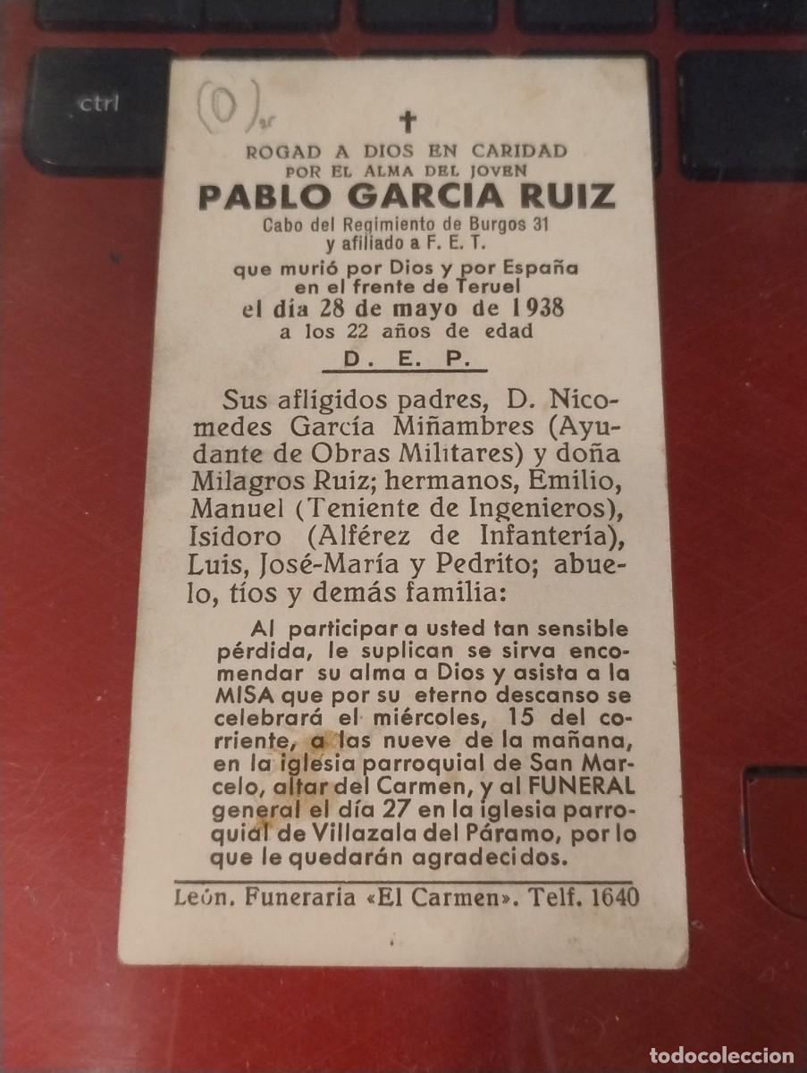 Militaria: Estampa con recordatorio f&uacute;nebre caido frente Teruel Guerra civil 1938 Pablo Garc&iacute;a Ruiz.