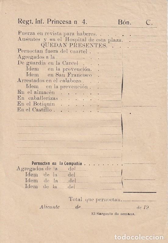 Militaria: Formulario sin rellenar del Regt. Inf. Princesa n 4 B&oacute;n. C. / En Hospital, presentes en cuartel &hellip;