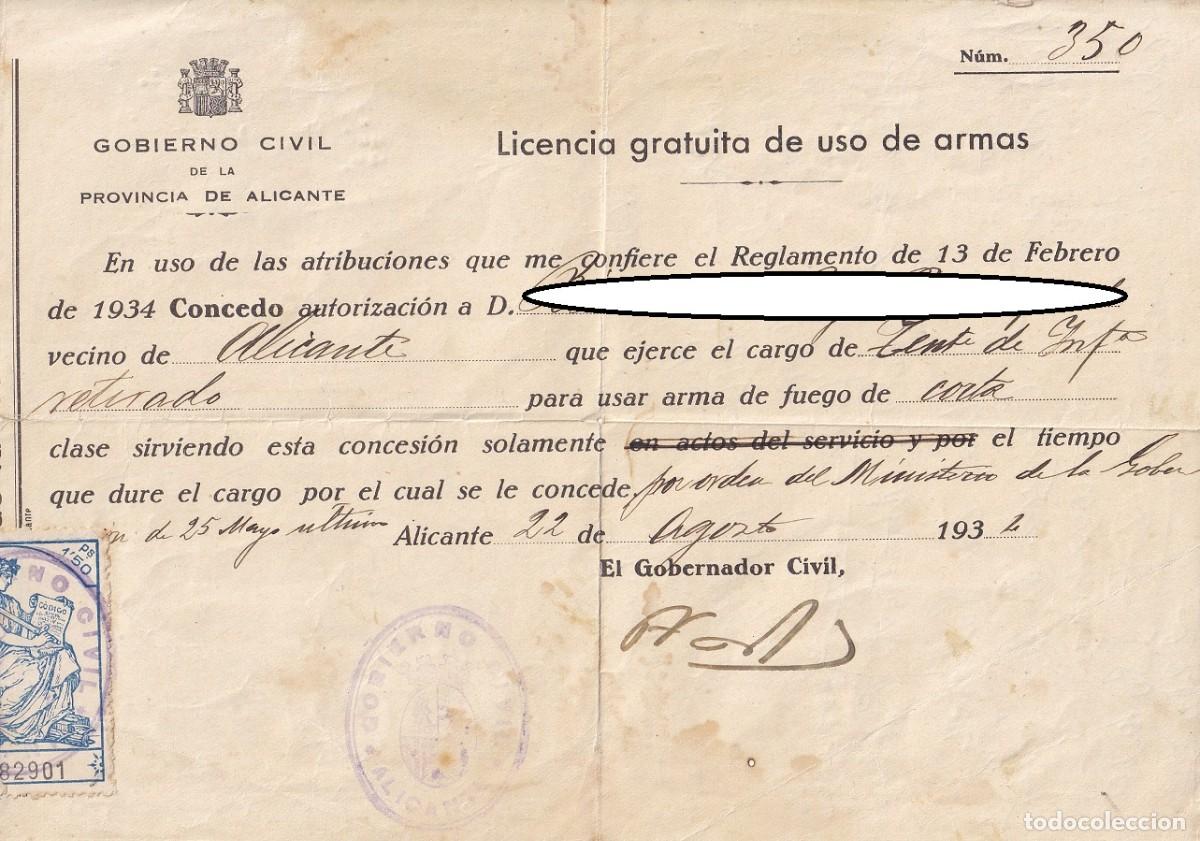 Military Antiques: Alicante, 1934 - Licencia gratuita de uso de arma corta a Teniente retirado