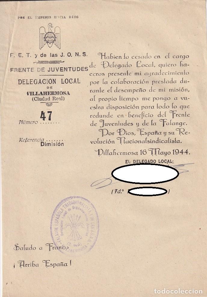 Militaria: 1944 Carta de agradecimiento tras cesar como Delegado Local - Frente de Juventudes y de la Falange