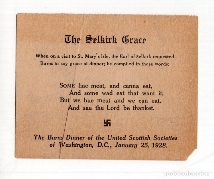 Militaria: TARJETA SELKIRK GRACE (1928). ESV&Aacute;STICA, CENA GALA ORGANIZADA PARA CELEBRAR LA BURNS NIGHT ESCOCIA
