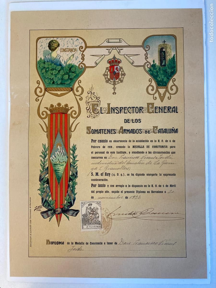 Militaria: Antiguo Diploma Medalla Constancia Somatenes Armados Catalu&ntilde;a , La Garriga Granollers 1923 - Somat&eacute;n