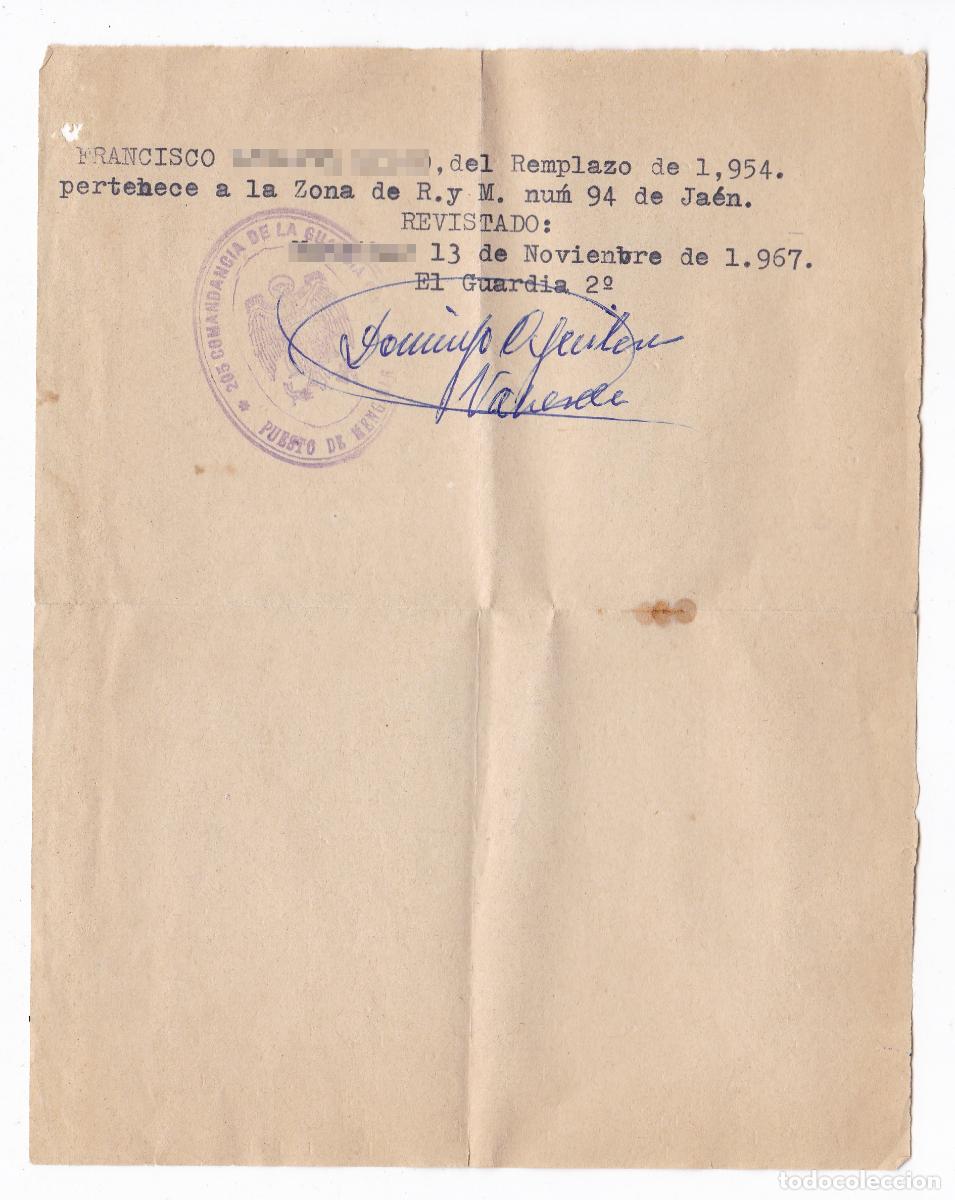 Militaria: Antiguo documento militar paso de revista. A&ntilde;o 1967. Sellos membrete.