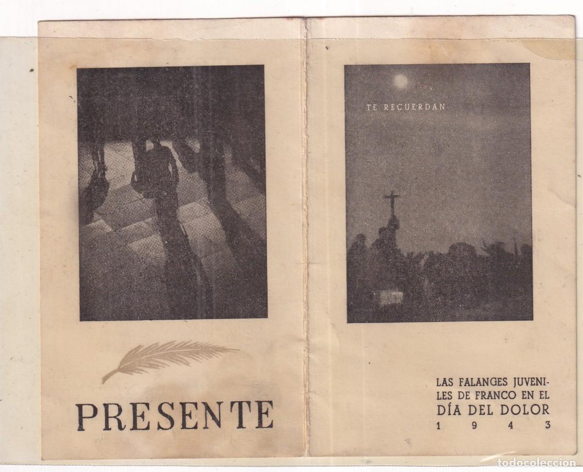 Militaria: Falanges juveniles de Franco, d&iacute;a del dolor 1943. Oraci&oacute;n a Jose Antonio. 15 x 12 cm (abierto)