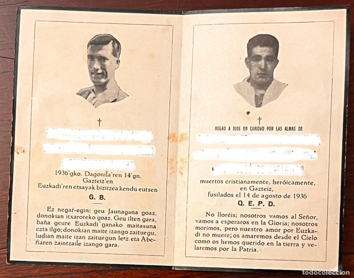 Militaria: GUERRA CIVIL ESPA&Ntilde;OLA, 1936. RARO RECORDATORIO FUNERARIO DE TRES NACIONALISTAS VASCOS FUSILADOS EN V