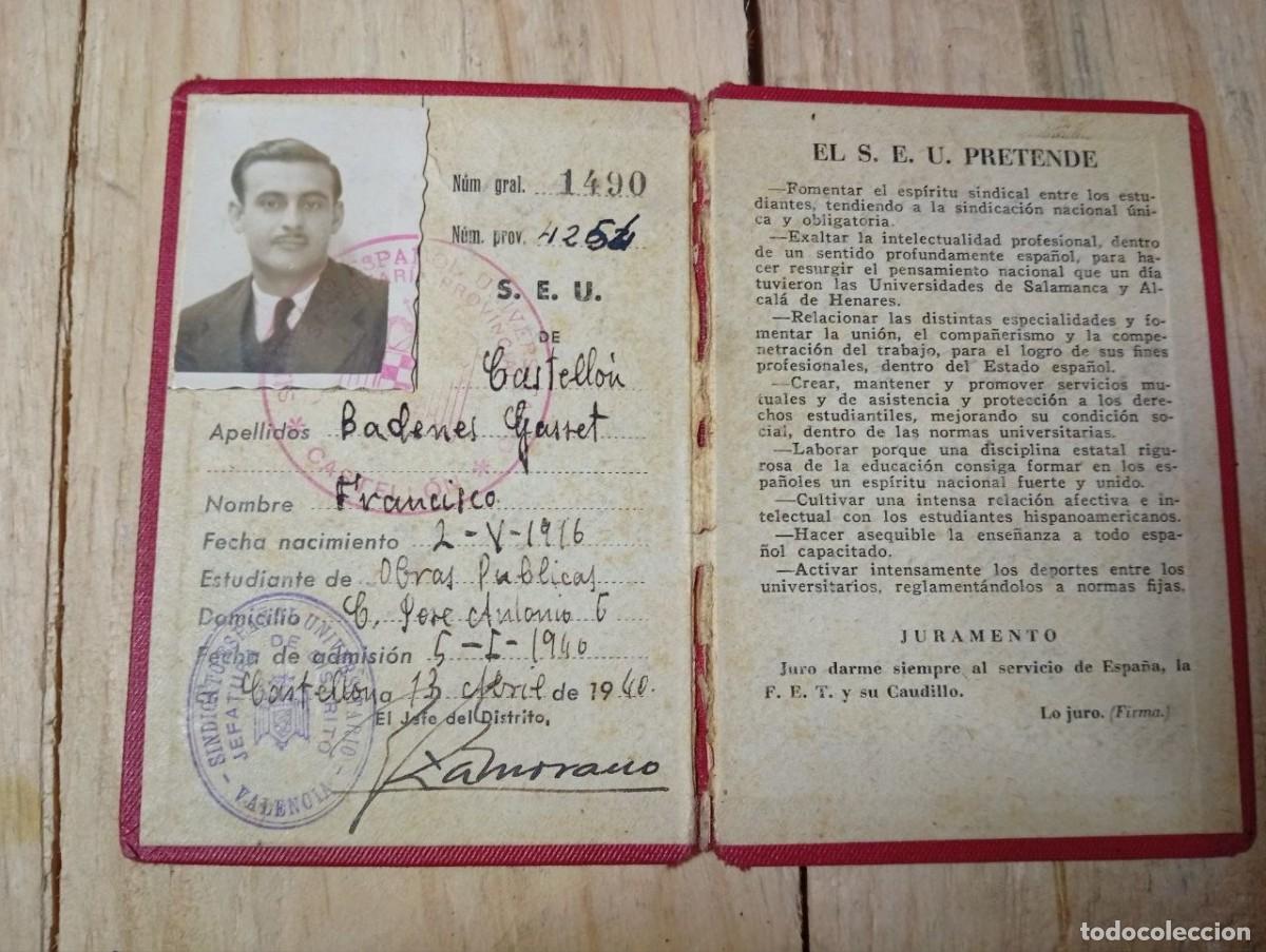 Militaria: CARNET VINTAGE 1940 S.E.U. (SINDICATO ESPA&Ntilde;OL UNIVERSITARIO) - FALANGE CASTELL&Oacute;N -