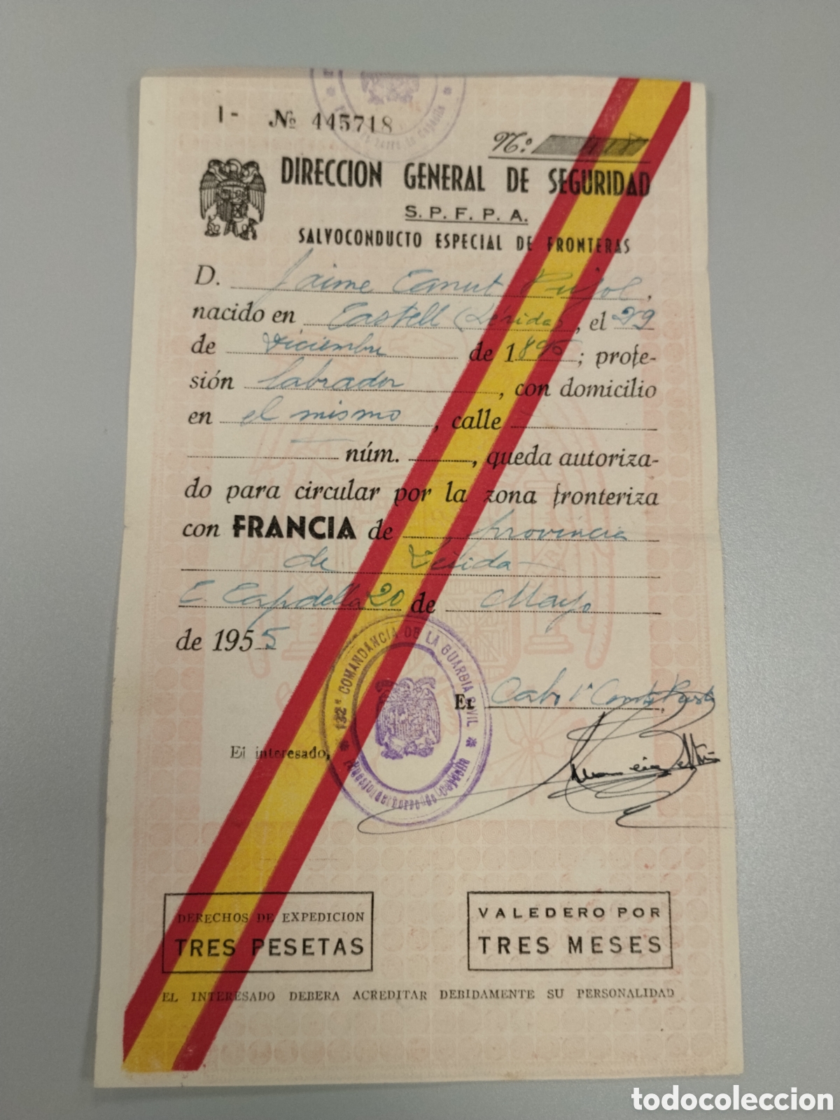 Military Antiques: Salvoconducto post guerra civil especial fronteras.direccion general de seguridad.policia.militar.gu