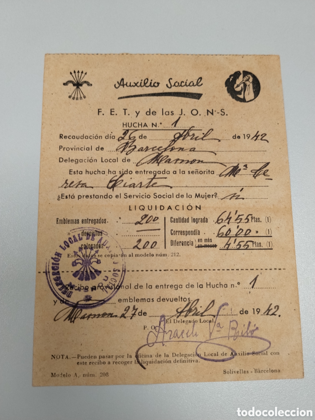 Militaria: Documento post guerra civil Auxilio social.falange.seccion femenina.frentes y hospitales.requete