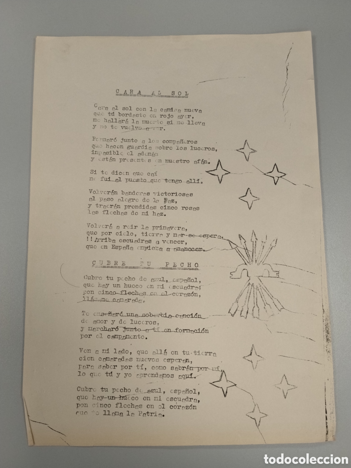 Militaria: Documento falange letra cara al sol.falangista.jose Antonio primo de rivera.militar.patriotico