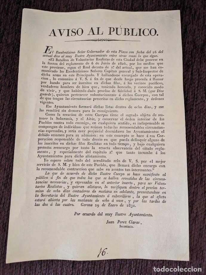 Militaria: Aviso al p&uacute;blico, comunicado militar, Juan p&eacute;rez Claras 1831 Gerona