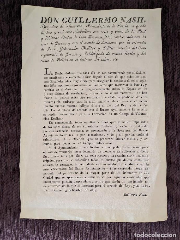 Militaria: Comunicado gubernamental 1824 Gerona, Don Guillermo Nash