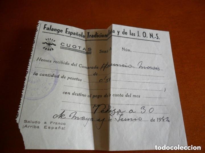 Militaria: RECIBO EXPEDIDO POR LA JEFATURA LOCAL FALANGE ESPA&Ntilde;OLA Y DE LA J.O.N.S 1942