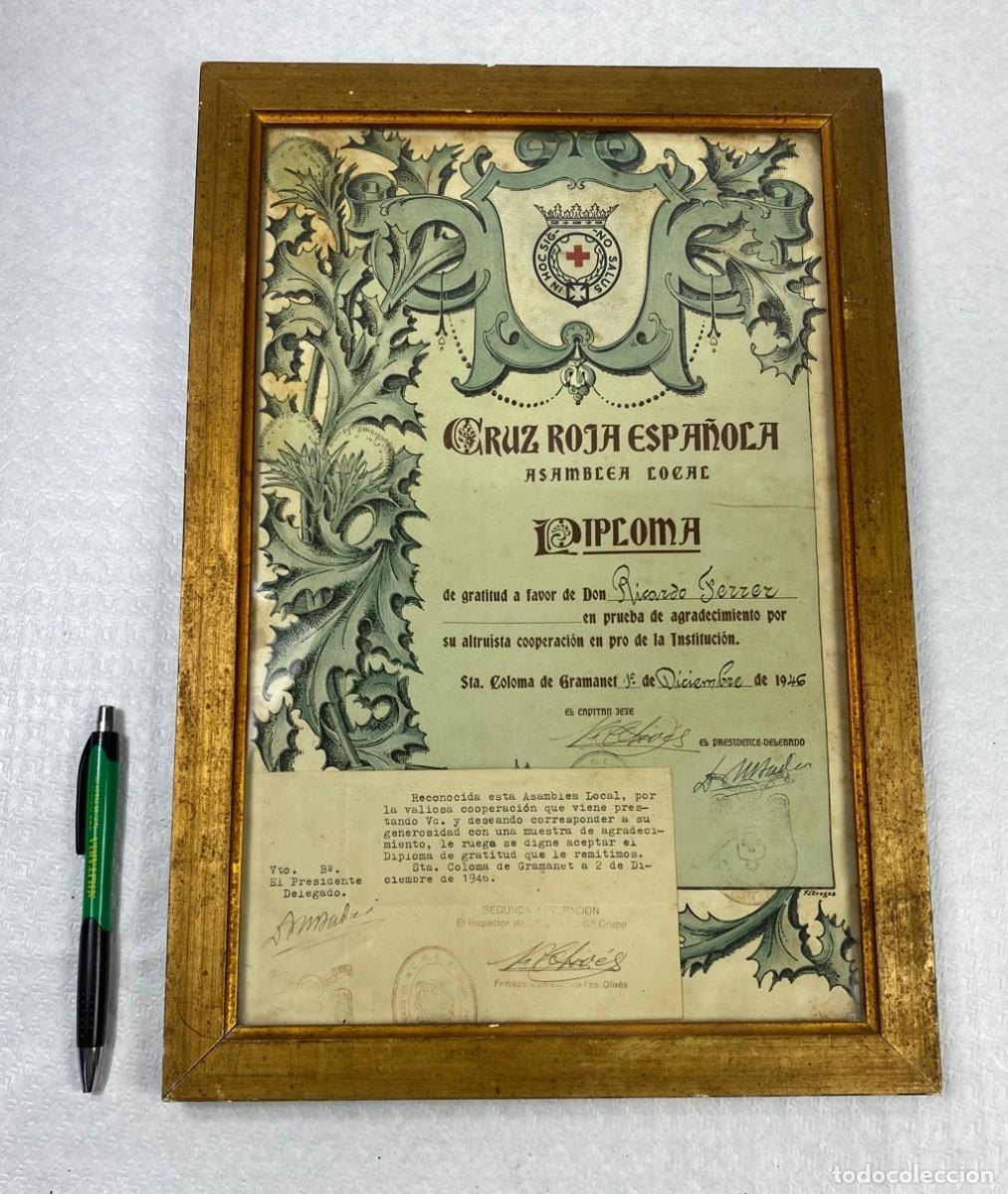 Militaria: Diploma de la Asamblea Local de la Cruz Roja 1946 en marco original acristalado