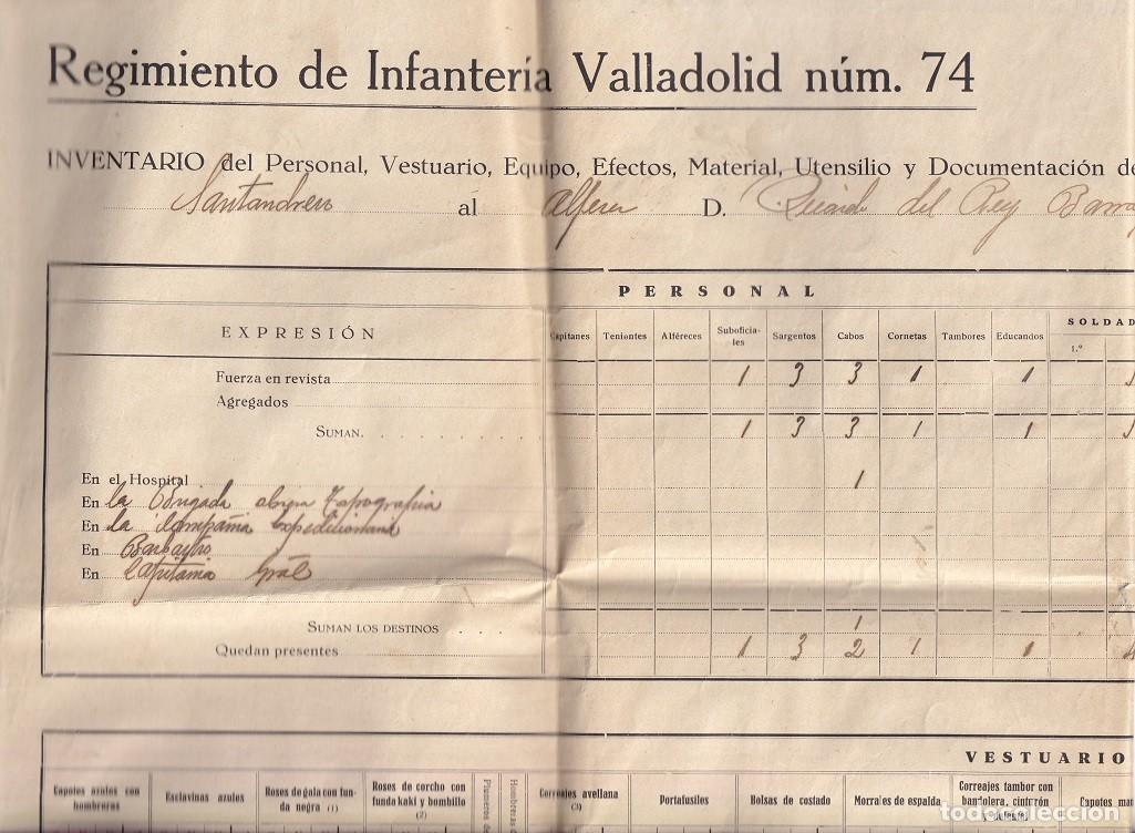 Militaria: 12 Octubre 1926 Regimiento Infanter&iacute;a Valladolid 74 2&ordm; Batall&oacute;n - Inventario por traspaso militares